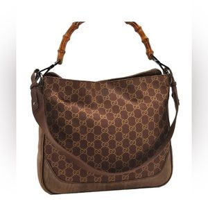 Authentic GUCCI Bamboo 2Way Shoulder Hand Bag Canvas Leather vintage dyed
